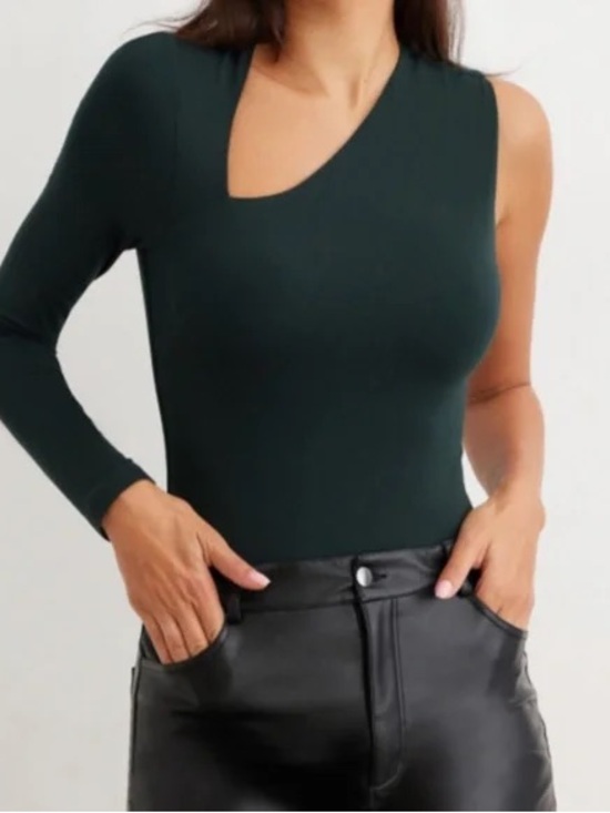 Dynamite Tops - Asymmetric One-Sleeve bodysuit - Dark Green